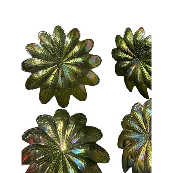 Carnival Glass Green Iridescent Leaf Salad Luncheon Plates Set Of 4 VINTAGE - Picture 8 of 12
